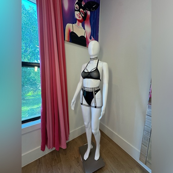 Black Vinyl Mesh Rhinestone Lingerie Set 4 Pieces, XS Custom - Picture 13 of 13